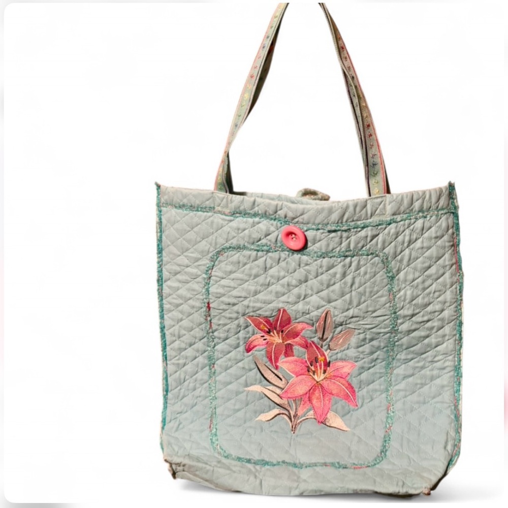Vintage Floral Embroidered Quilted Tote Bag - Green and Pink